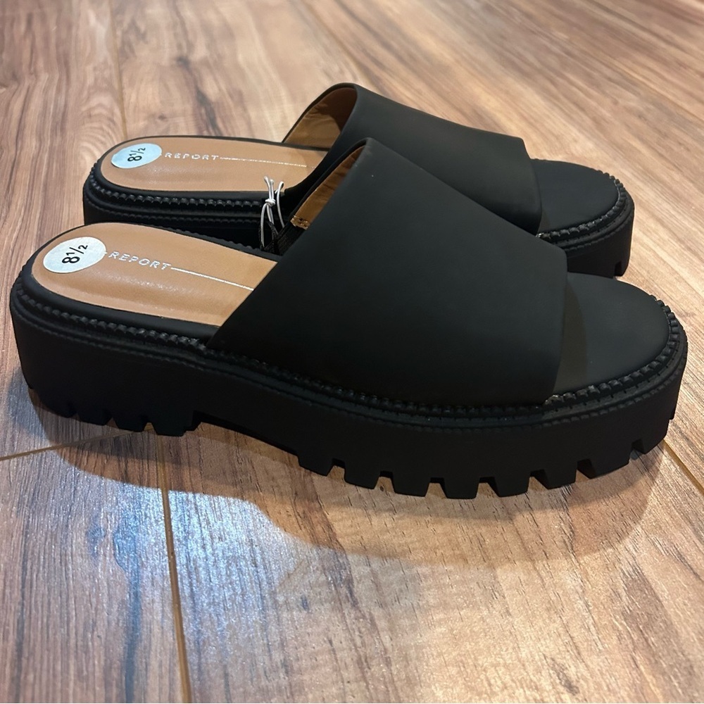 Report Black Platform Slide Sandals Chunky Lug Sole Size 8.5